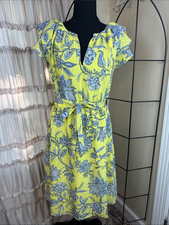 LOFT Dresses & Skirts - LOFT Trellis Garden Yellow Ruffle MIDI Dress Women's 14P EUC
